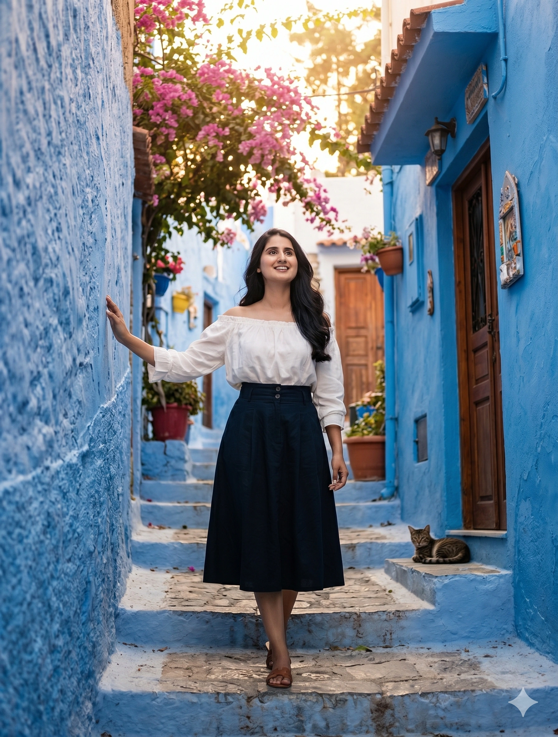 Cinematic Blue Alley Travel Portrait nano banana prompt