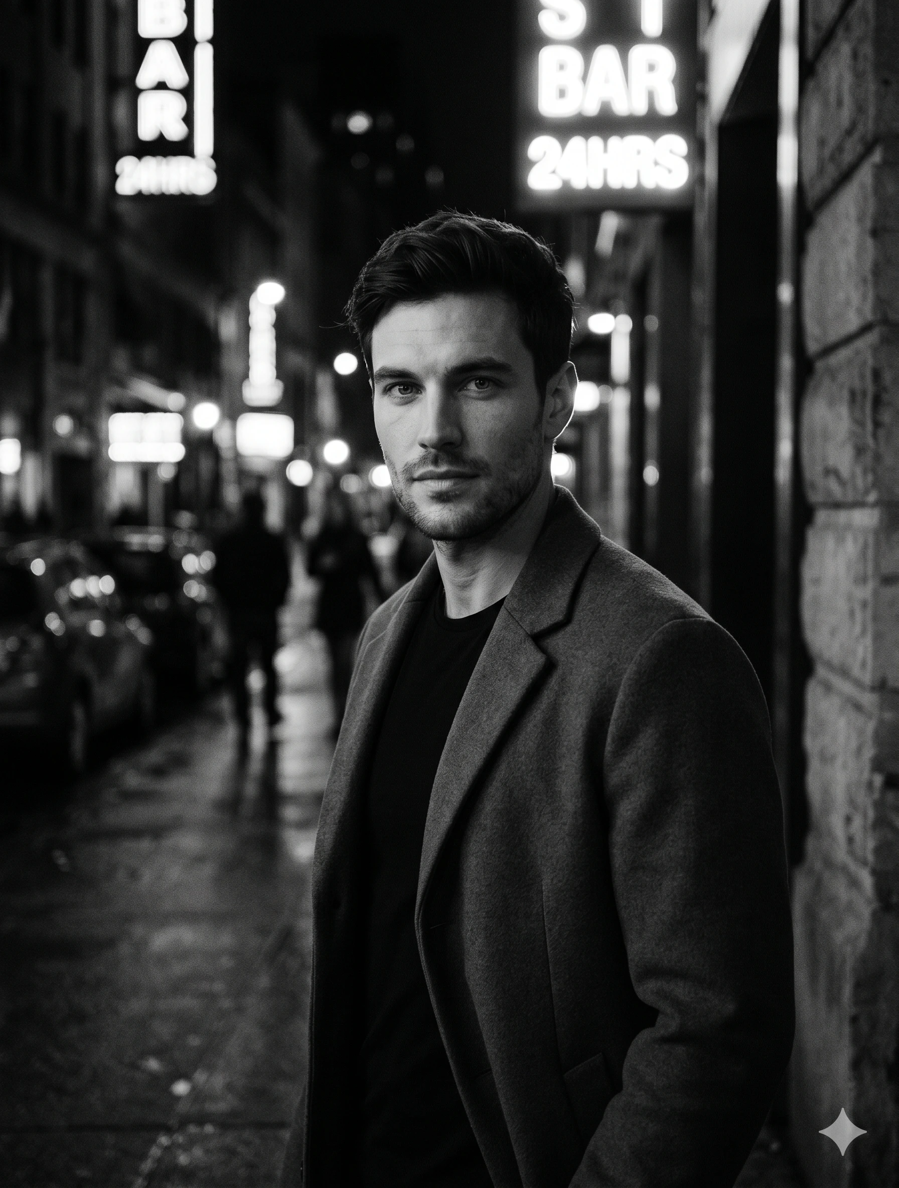 Cinematic B&W Urban Street Portrait nano banana prompt