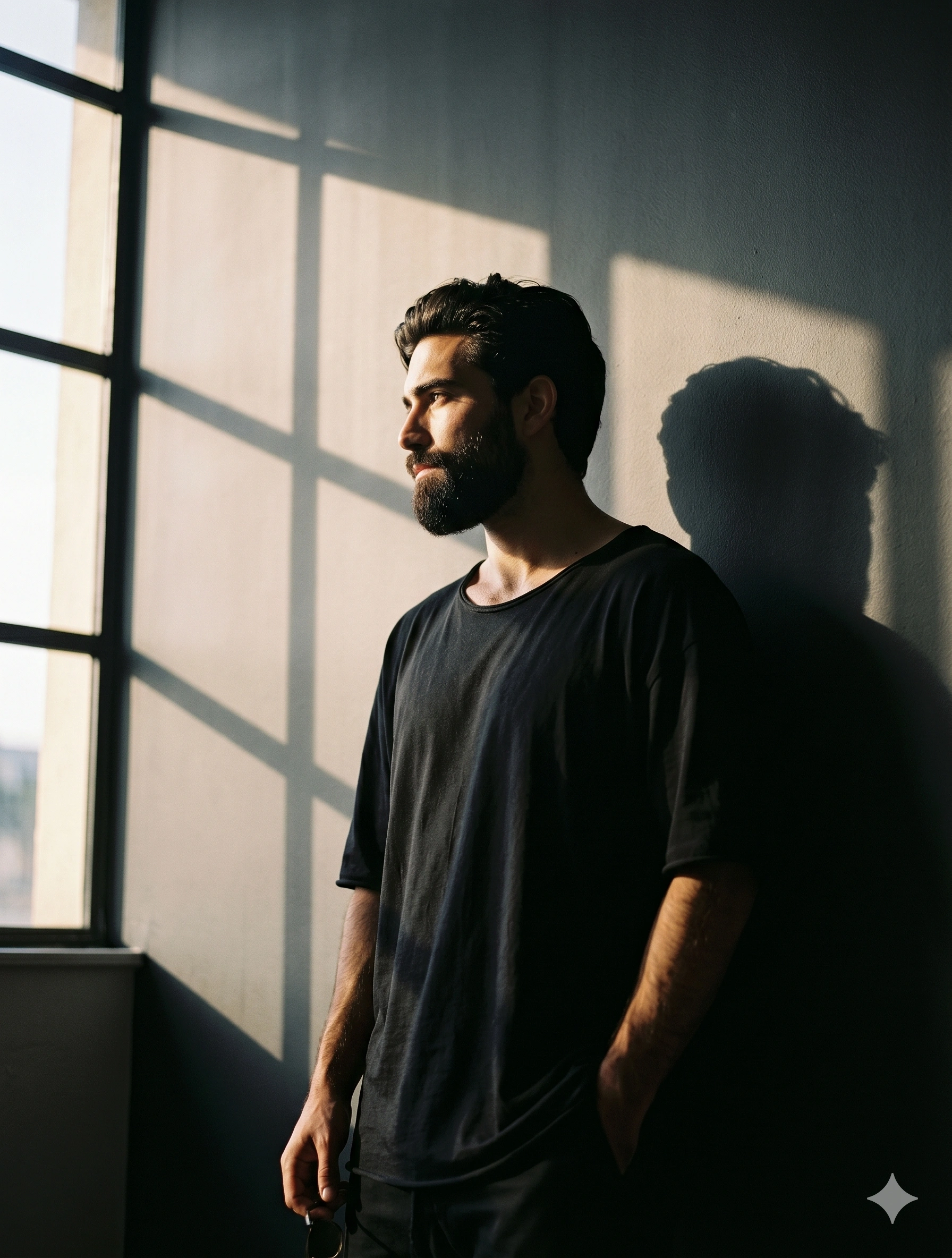 Cinematic Chiaroscuro Window Shadow Portrait nano banana prompt