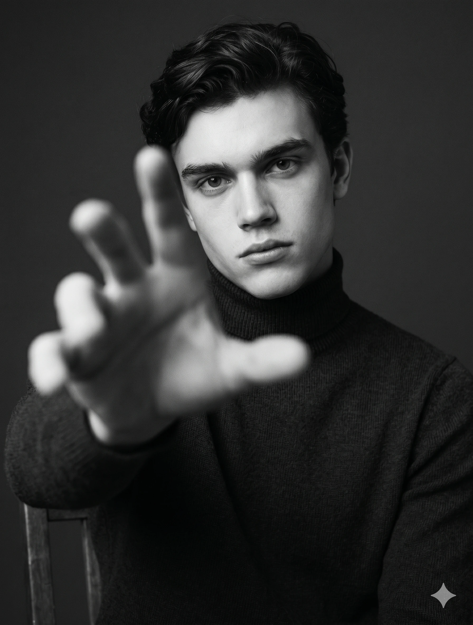 Cinematic Hand-Reach Black & White Portrait nano banana prompt