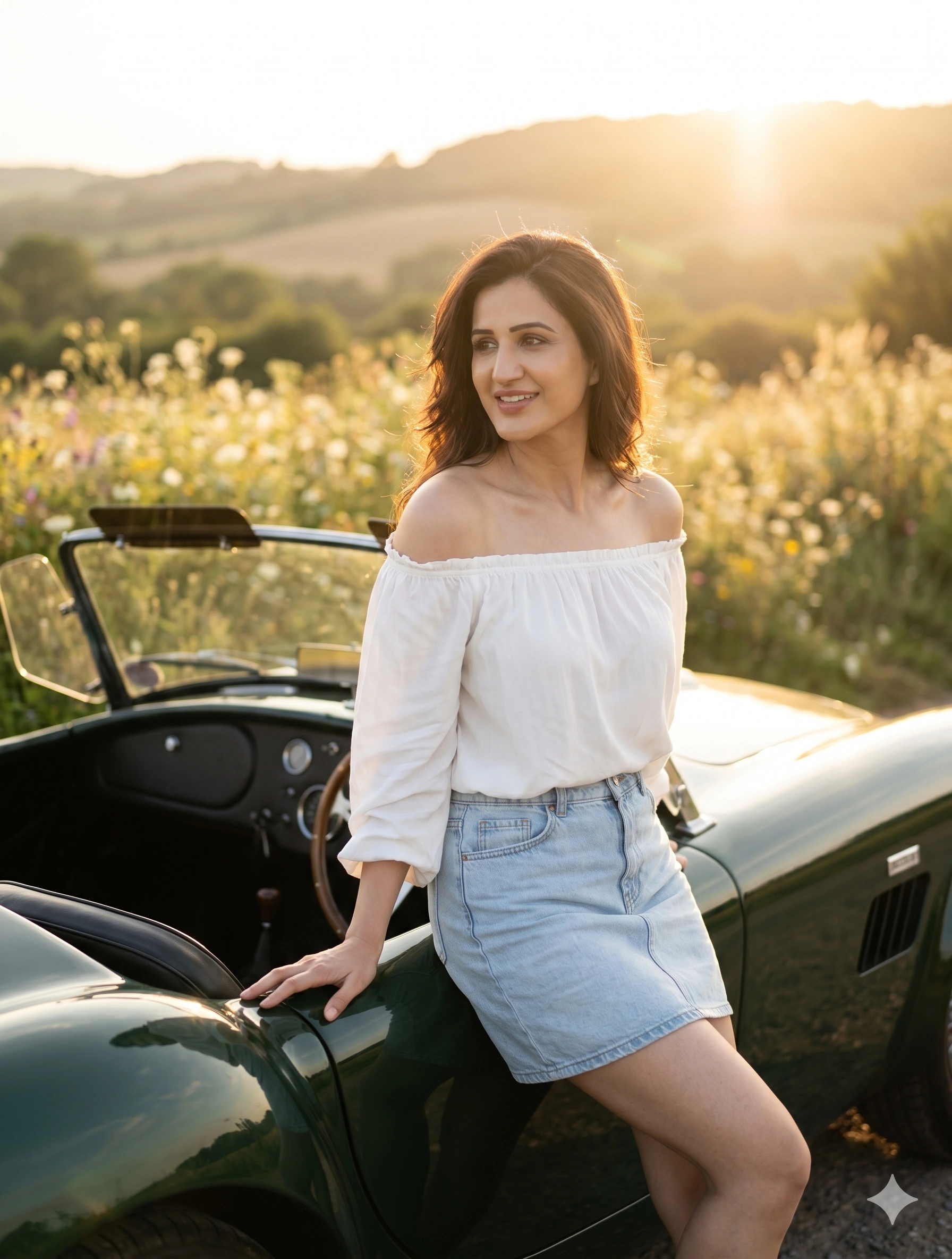 Golden Hour Vintage Car Field Portrait nano banana prompt