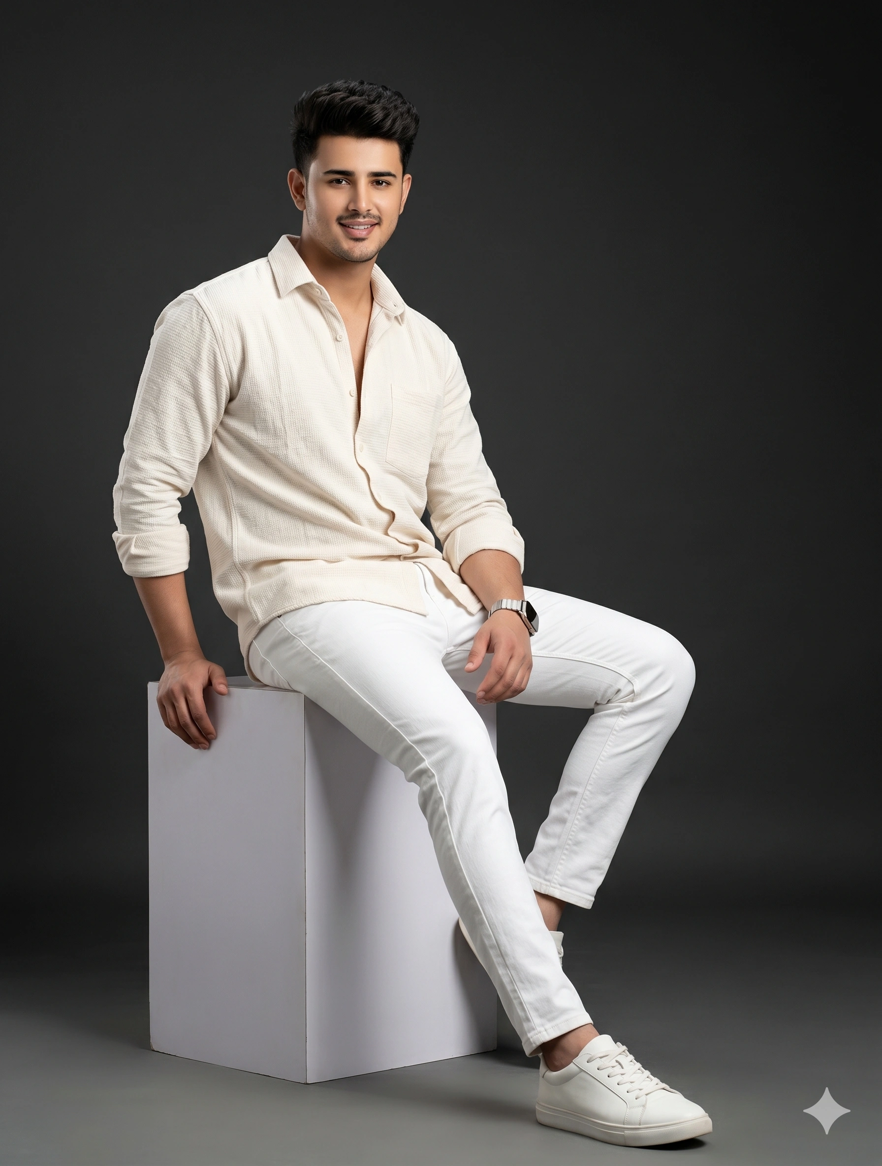 Minimal Studio White Outfit Portrait nano banana prompt