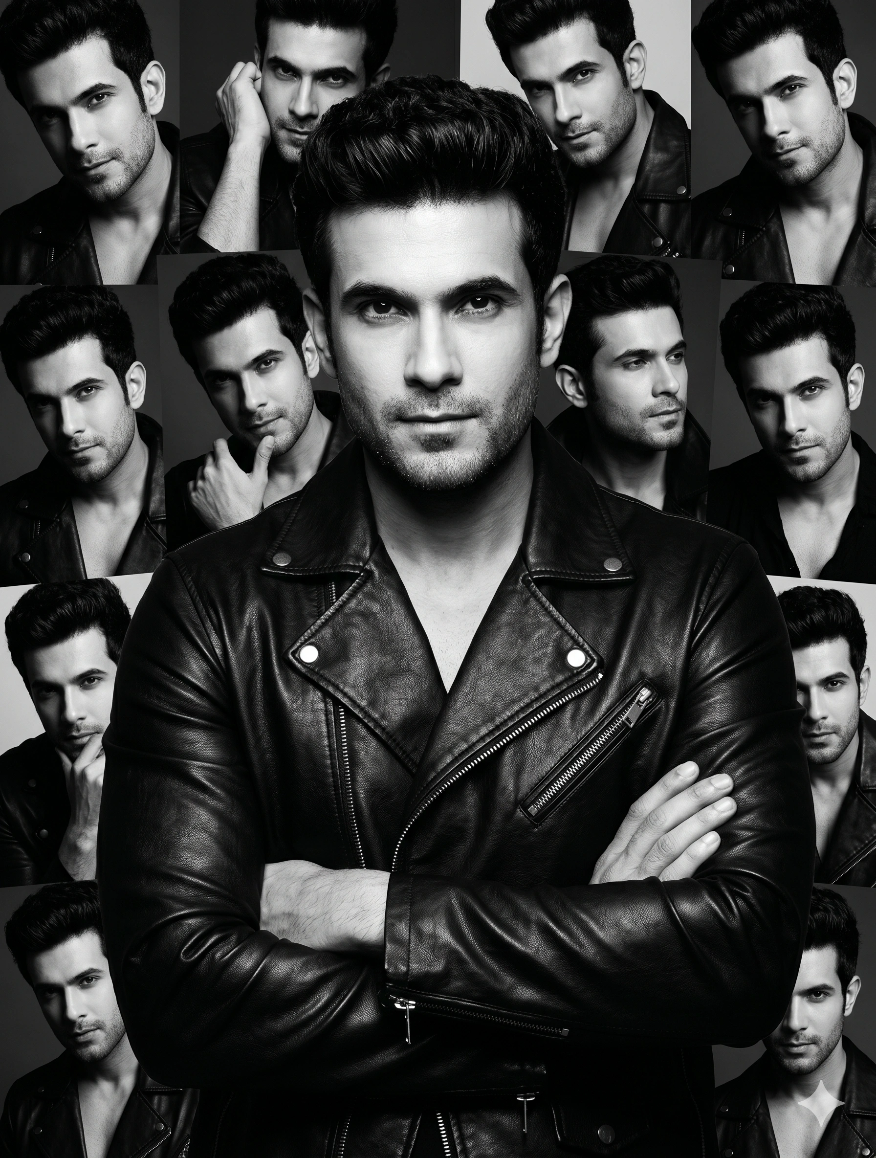 Monochrome Leather Jacket Portrait Collage nano banana prompt