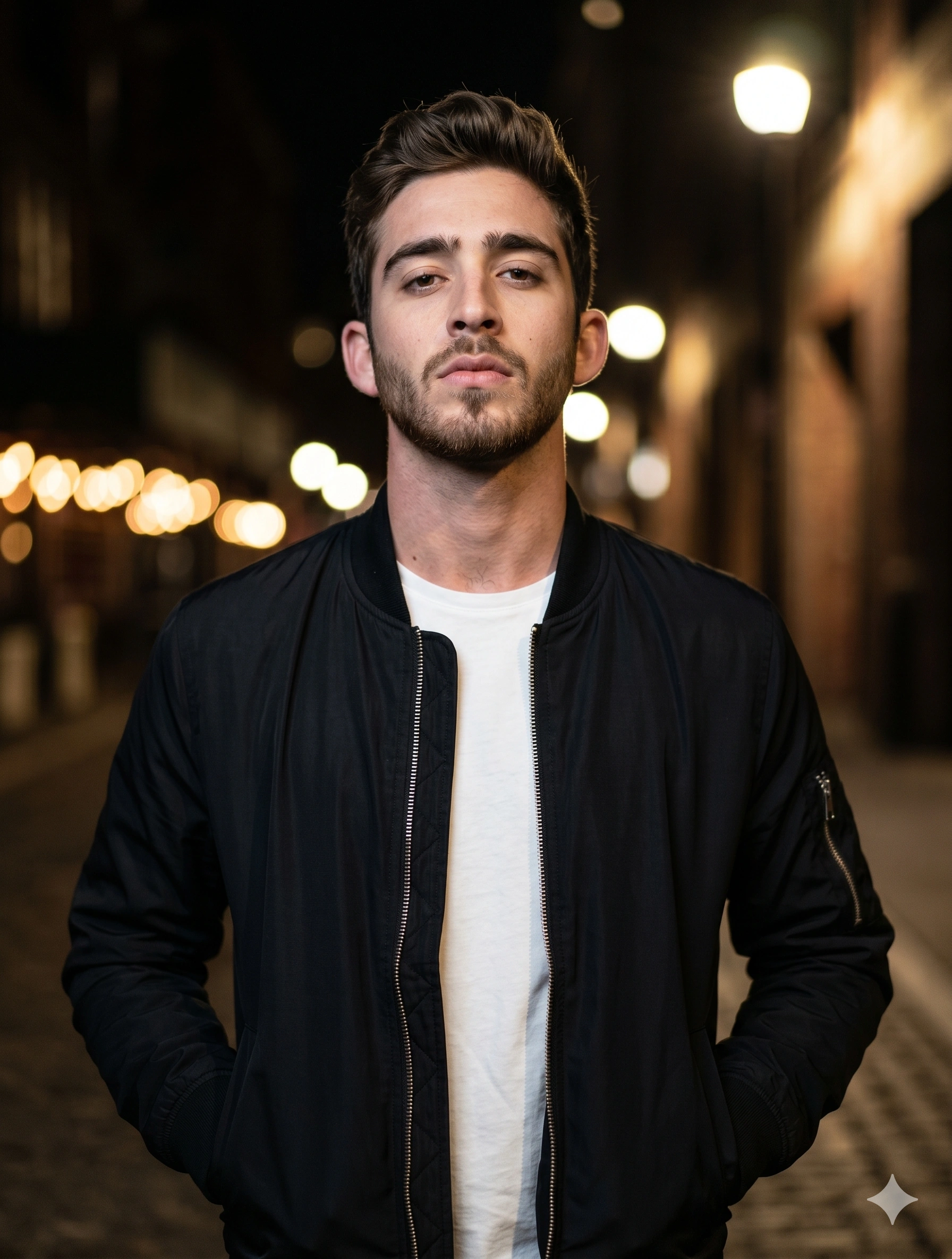 Moody Night Street Editorial Portrait nano banana prompt