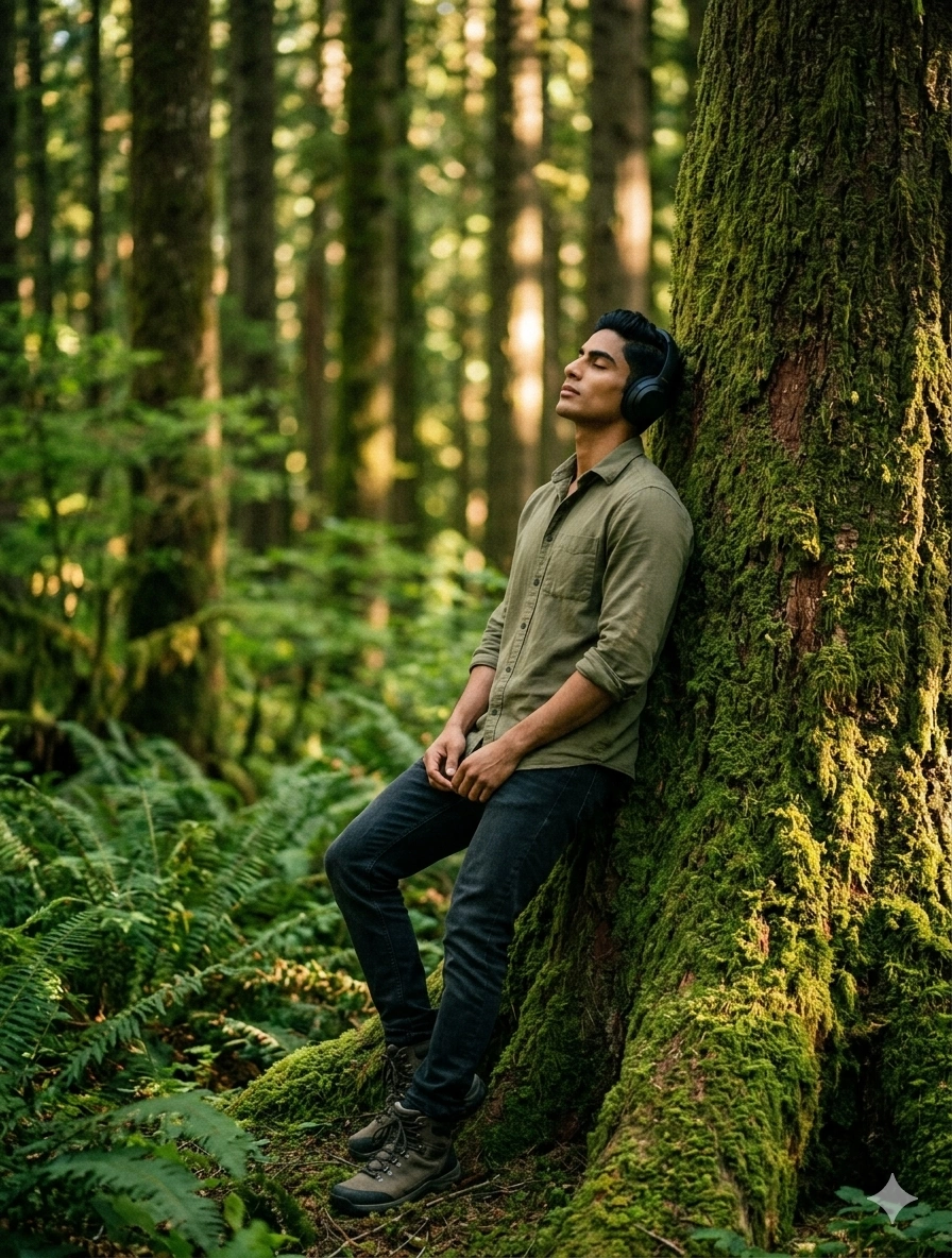 Peaceful Forest Headphones Lifestyle Portrait nano banana prompt