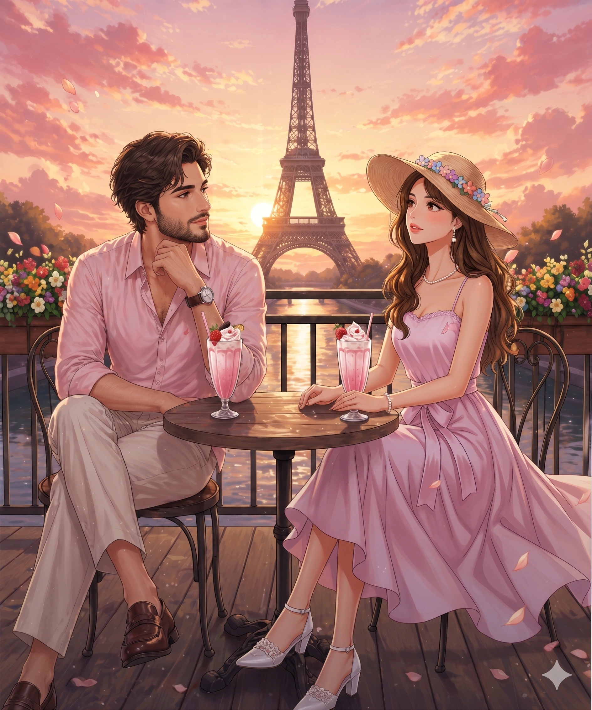 Romantic Paris Sunset Café Couple Illustration nano banana prompt